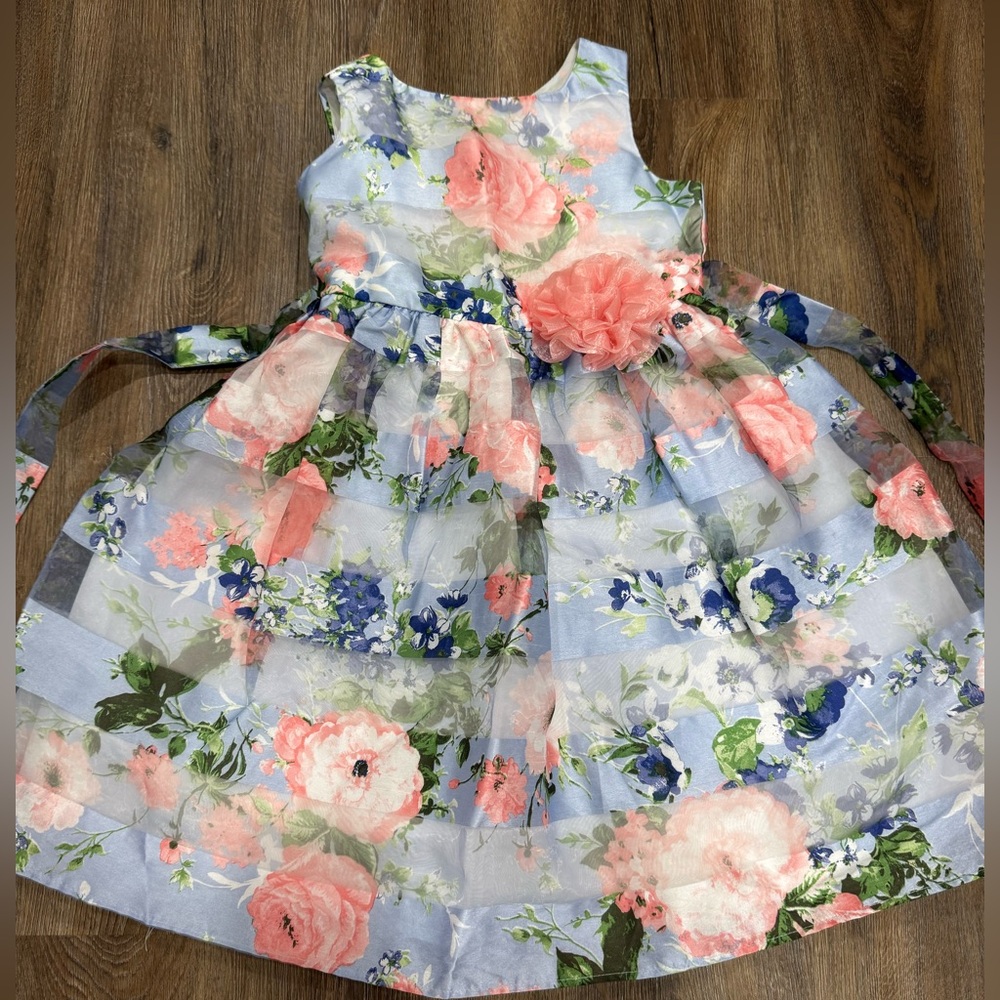 Jona Michelle Light Blue and Coral Floral Organza Party Dress